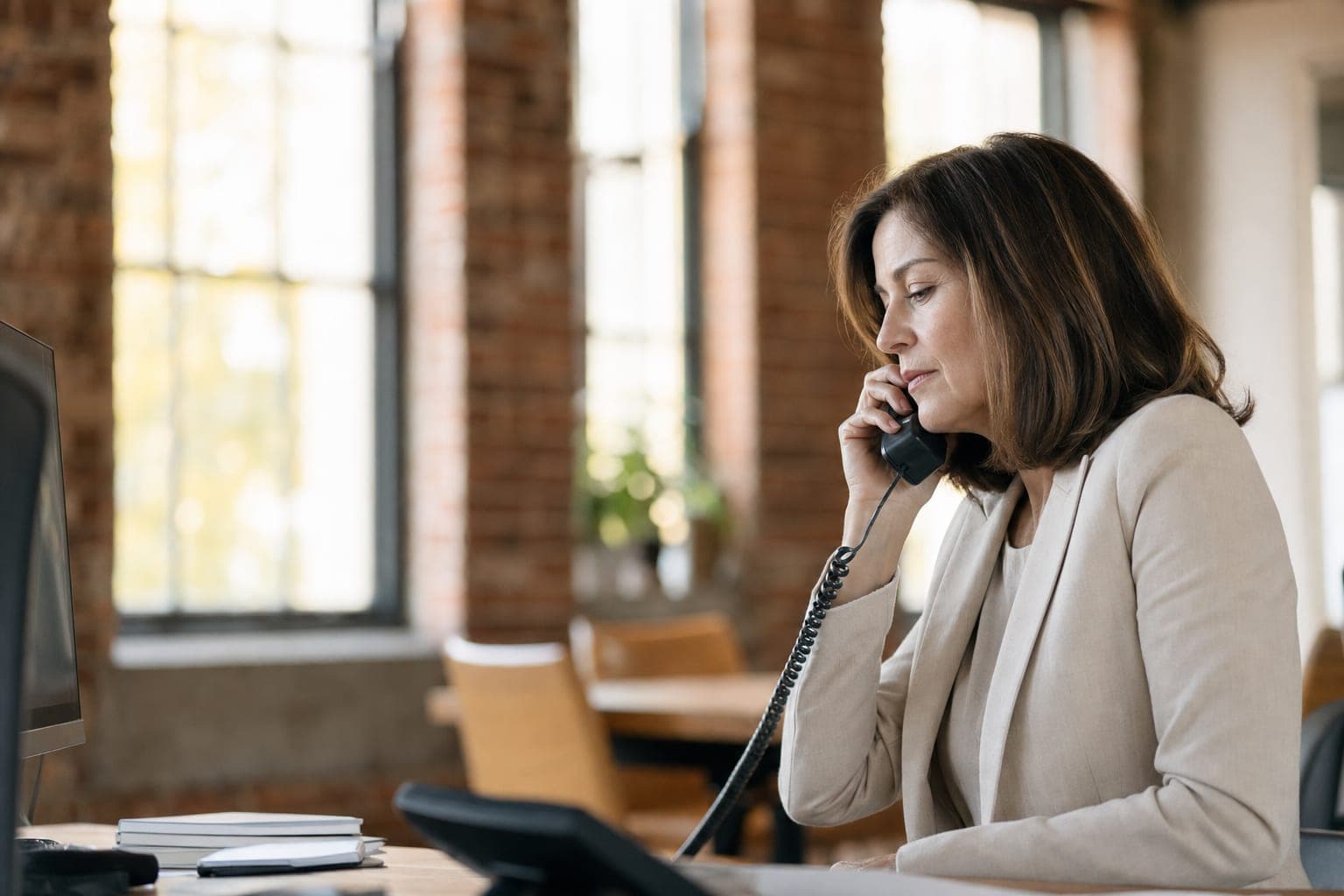 Mitarbeiterin im Telefonat am Schreibtisch, bereit für Ihr Erstgespräch