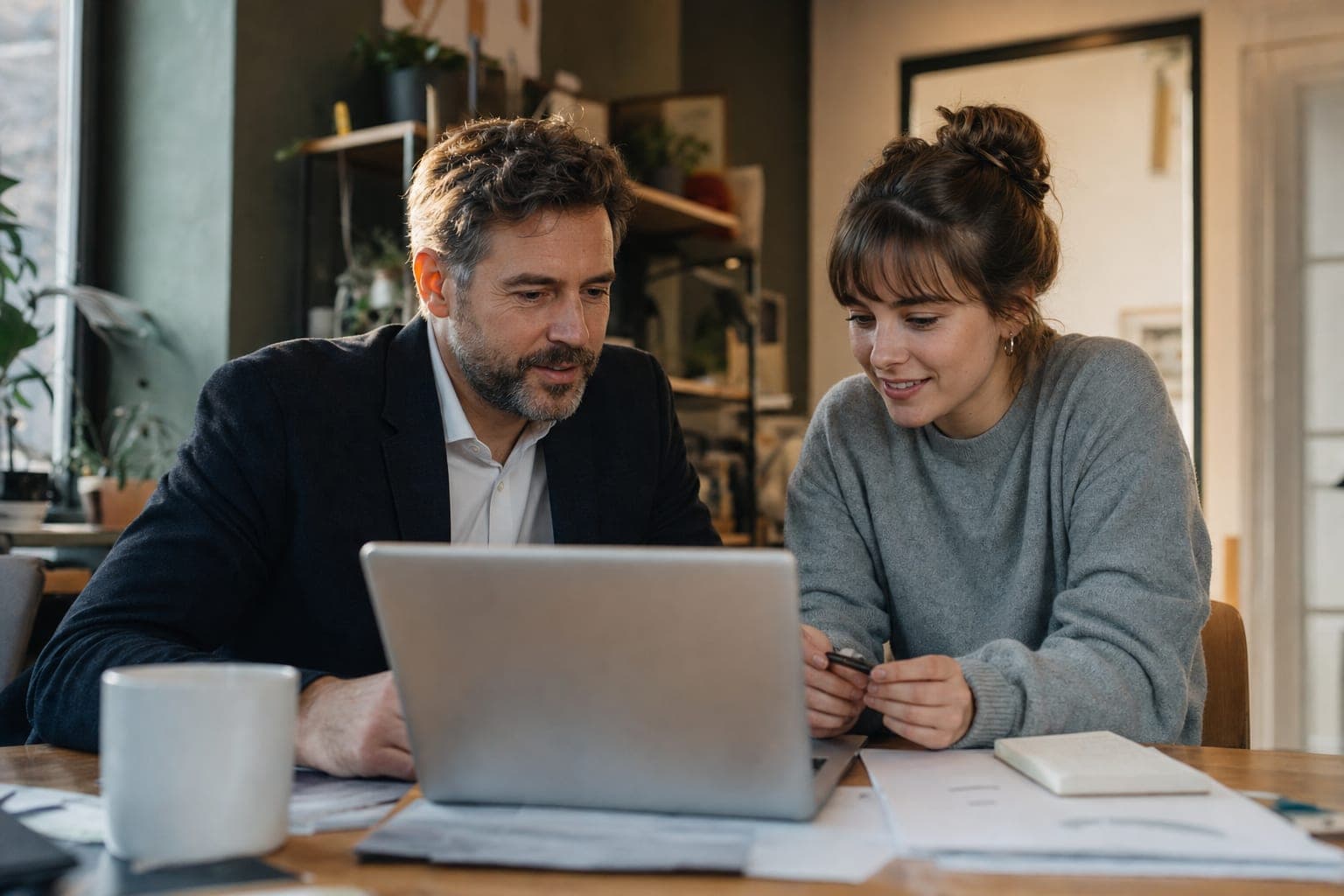 Zwei Personen im Büro besprechen am Laptop die offene Stelle