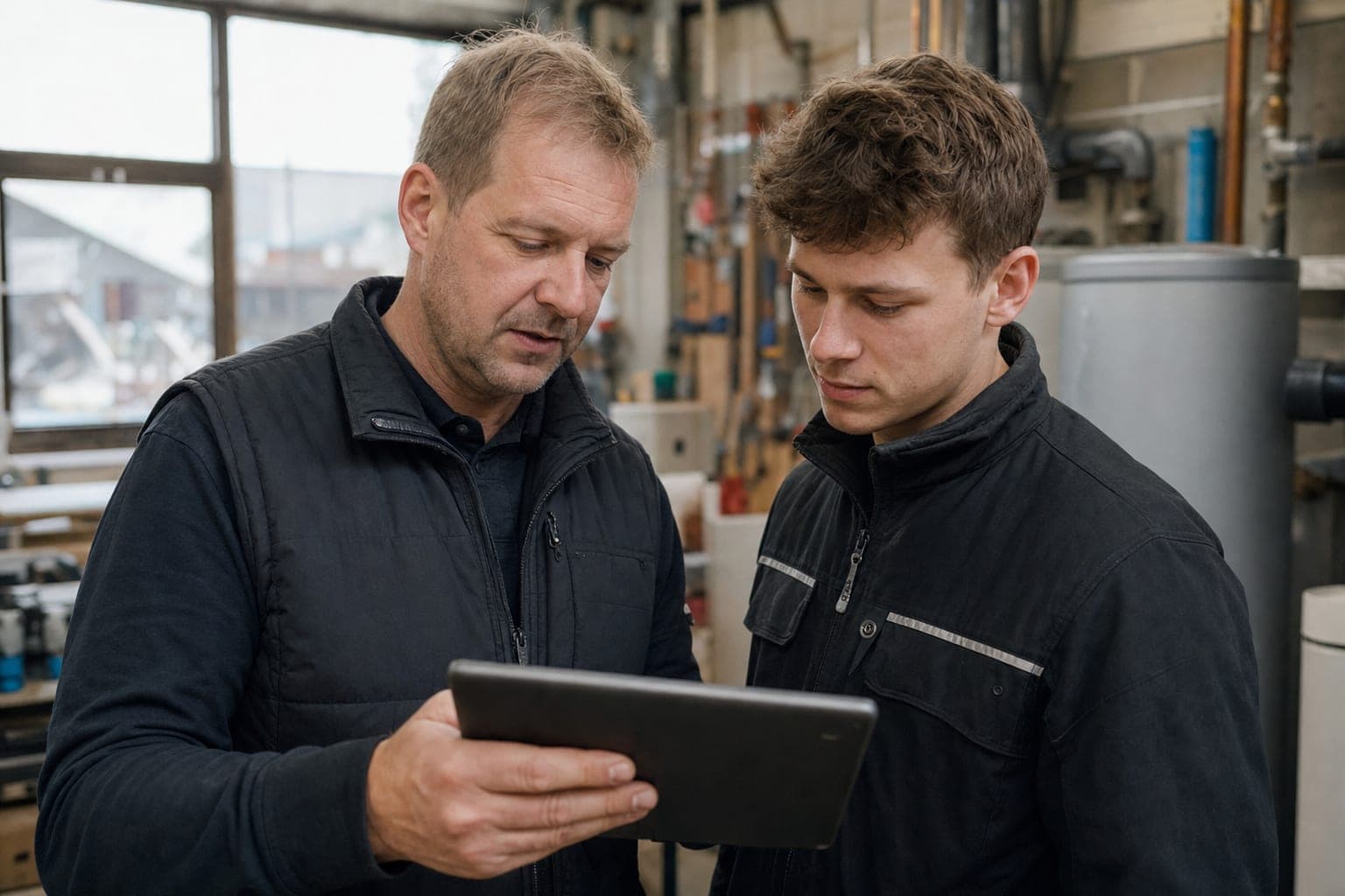 Betriebsinhaber und neue Fachkraft am Tablet in der Werkstatt